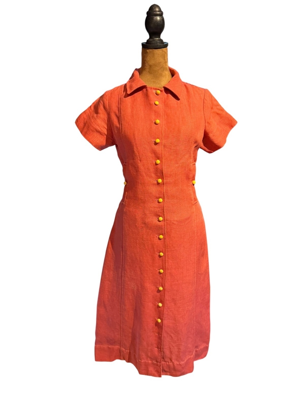 Vintage Red Button-Front Linen Dress with Bakelite Buttons